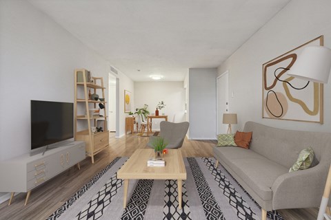 a living room with a couch and a coffee table and a television